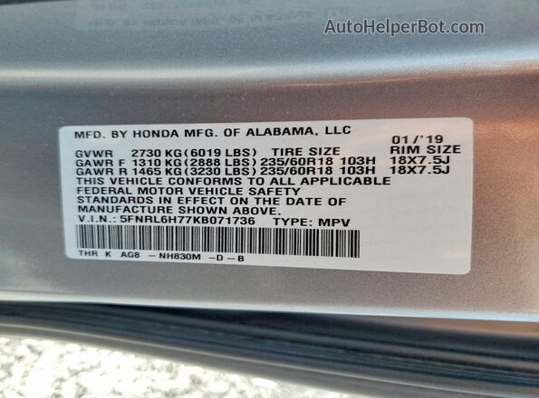 5FNRL6H77KB071736 2019 HONDA ODYSSEY Silver Widok naklejki z numerem VIN