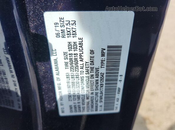 5FNRL6H77KB126542 2019 HONDA ODYSSEY Blue VIN կոդի պիտակի տեսք