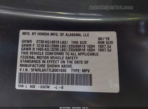 5FNRL6H77LB001655 2020 HONDA ODYSSEY Бирюзовый Вид подкапотного пространства