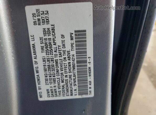 5FNRL6H77MB014214 2021 HONDA ODYSSEY Серый Панорамный вид салона 360°