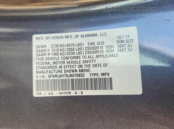 5FNRL6H78JB070853 2018 HONDA ODYSSEY Gray VIN კოდის სტიკერის ხედი