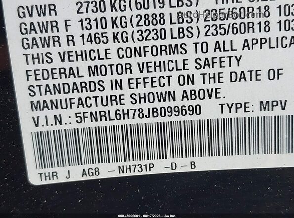 5FNRL6H78JB099690 2018 HONDA ODYSSEY Black Vista del compartimento del motor