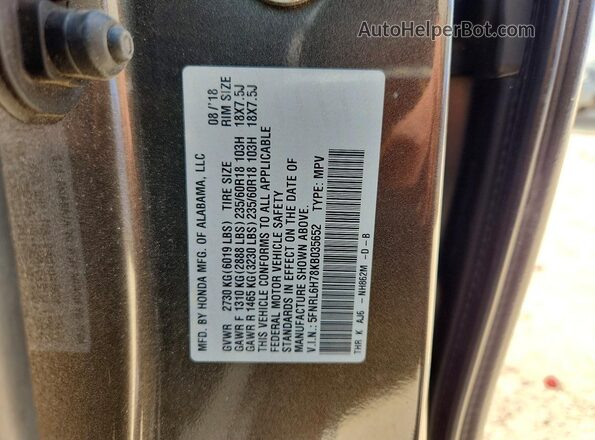 5FNRL6H78KB035652 2019 HONDA ODYSSEY Gray Vista de la etiqueta del VIN