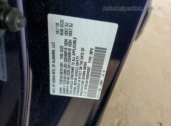 5FNRL6H78KB049597 2019 HONDA ODYSSEY Blue VIN sticker view