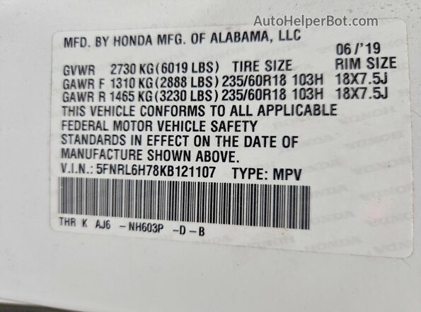 5FNRL6H78KB121107 2019 HONDA ODYSSEY Черный Вид наклейки с VIN-кодом
