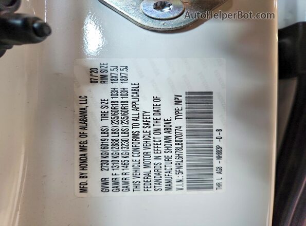 5FNRL6H78LB070774 2020 HONDA ODYSSEY White Панорамний вид салону 360°