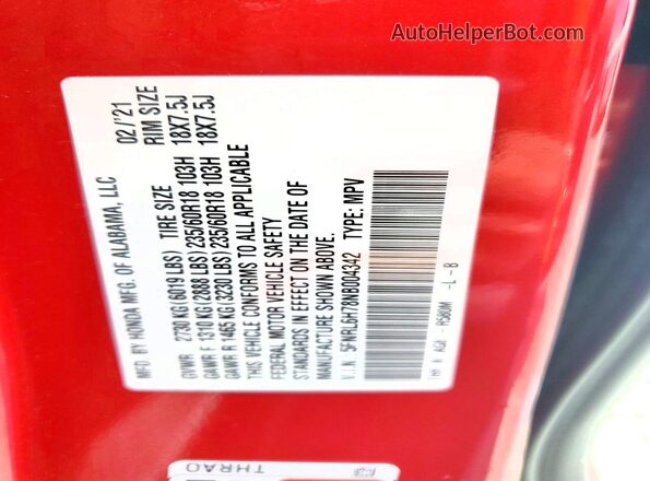 5FNRL6H78NB004342 2022 HONDA ODYSSEY Red Vista de la etiqueta del VIN