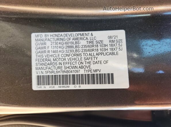 5FNRL6H78NB041097 2022 HONDA ODYSSEY Gray Вид наклейки з VIN-кодом