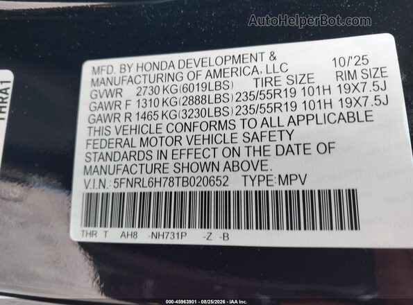 5FNRL6H78TB020652 2026 HONDA ODYSSEY Black Շարժիչի բաժամունքի տեսք