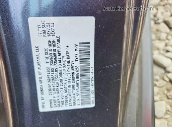 5FNRL6H79JB021256 2018 HONDA ODYSSEY Gray VIN կոդի պիտակի տեսք