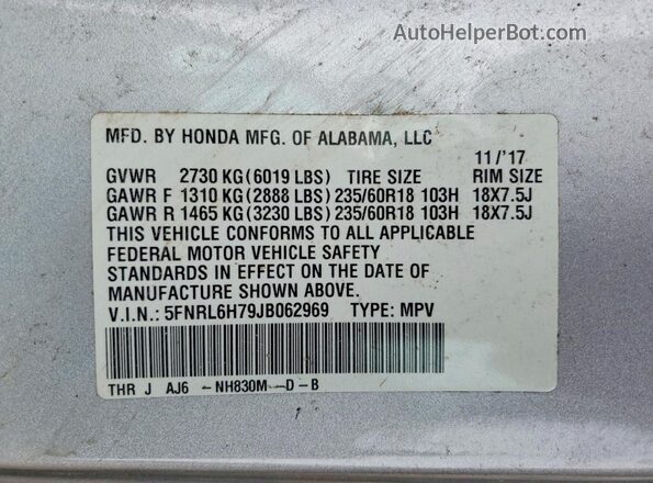5FNRL6H79JB062969 2018 HONDA ODYSSEY Silver Vista interior de 360 grados
