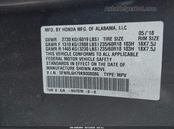 5FNRL6H79KB008086 2019 HONDA ODYSSEY Gray Շարժիչի բաժամունքի տեսք