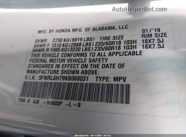 5FNRL6H79KB068031 2019 HONDA ODYSSEY White Widok komory silnika
