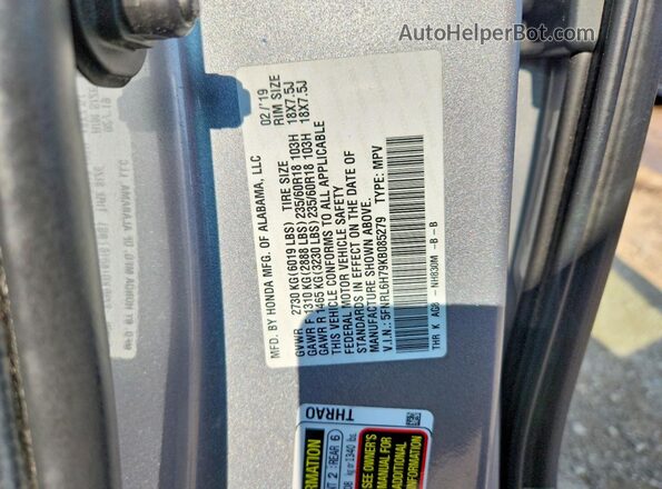 5FNRL6H79KB085279 2019 HONDA ODYSSEY Silver Widok naklejki z numerem VIN