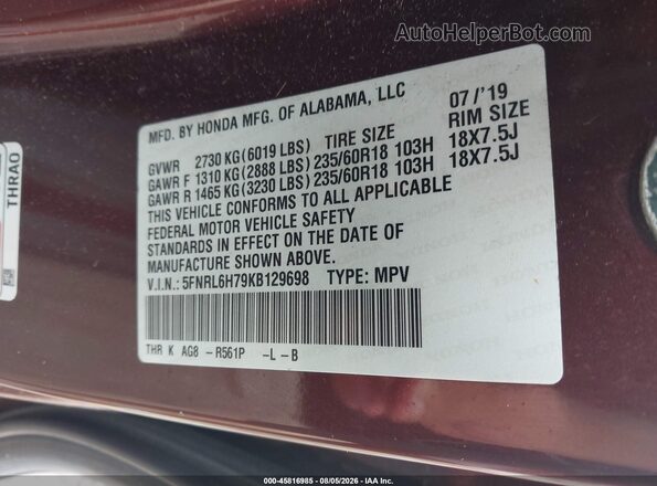 5FNRL6H79KB129698 2019 HONDA ODYSSEY Maroon Engine compartment view