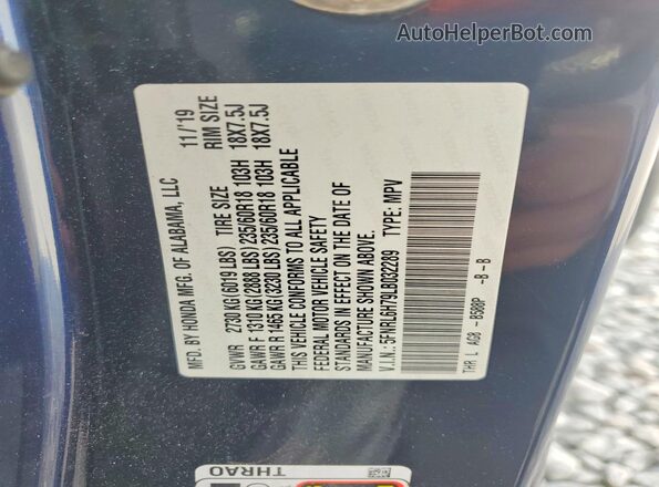 5FNRL6H79LB032289 2020 HONDA ODYSSEY Blue Widok naklejki z numerem VIN