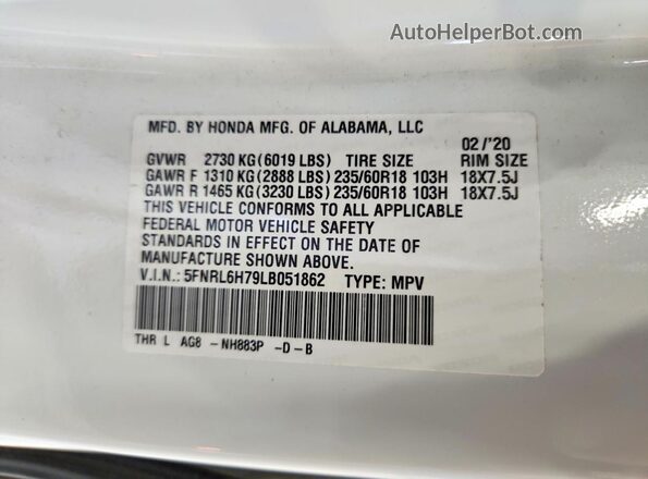 5FNRL6H79LB051862 2020 HONDA ODYSSEY White 