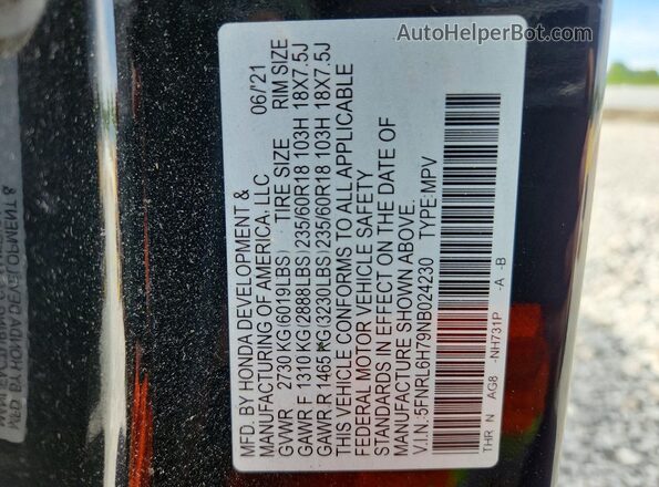 5FNRL6H79NB024230 2022 HONDA ODYSSEY Черный Вид наклейки с VIN-кодом
