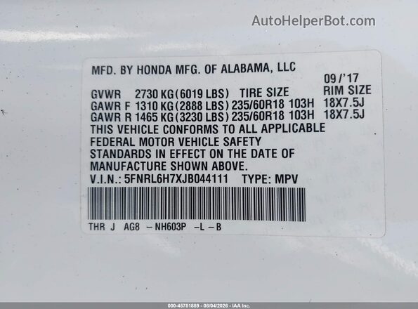 5FNRL6H7XJB044111 2018 HONDA ODYSSEY White Widok komory silnika