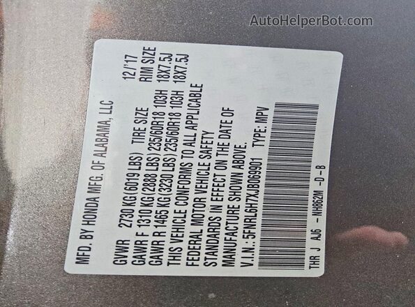 5FNRL6H7XJB069901 2018 HONDA ODYSSEY Gray Вид наклейки з VIN-кодом