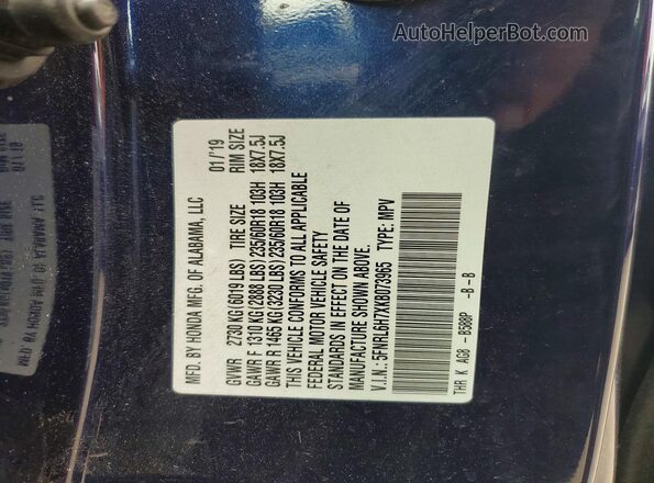 5FNRL6H7XKB073965 2019 HONDA ODYSSEY Blue VIN კოდის სტიკერის ხედი