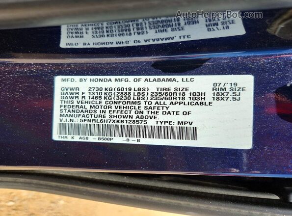 5FNRL6H7XKB128575 2019 HONDA ODYSSEY Blue Вид наклейки з VIN-кодом