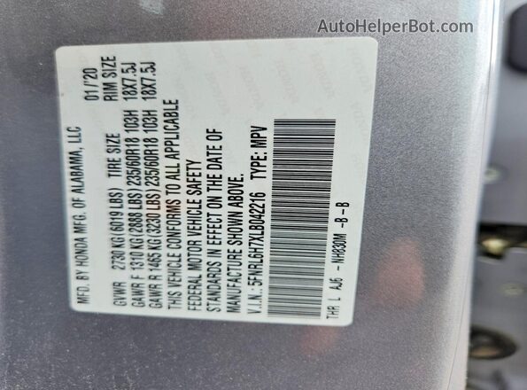5FNRL6H7XLB042216 2020 HONDA ODYSSEY Silver Vista de la etiqueta del VIN