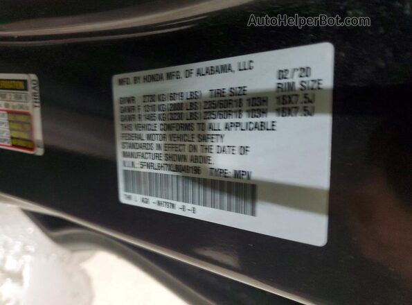 5FNRL6H7XLB049196 2020 HONDA ODYSSEY Gray Вид наклейки з VIN-кодом