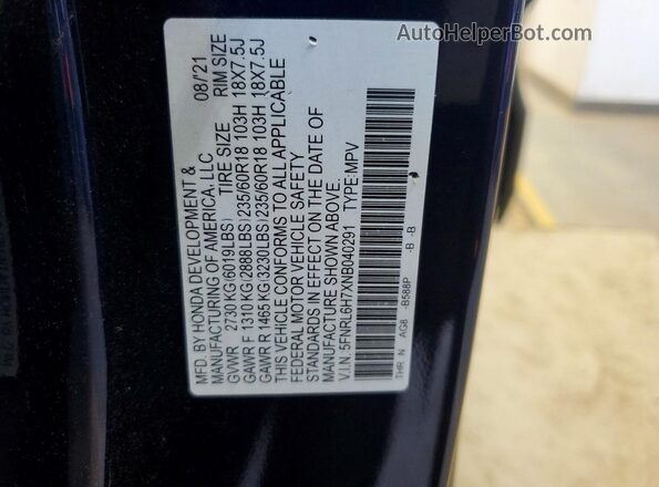 5FNRL6H7XNB040291 2022 HONDA ODYSSEY Blue VIN კოდის სტიკერის ხედი