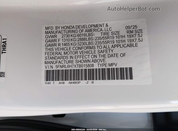 5FNRL6H7XTB015808 2026 HONDA ODYSSEY White ძრავის განყოფილების ხედი