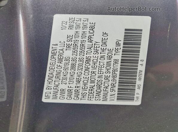 5FNRL6H80PB017968 2023 HONDA ODYSSEY Gray VIN կոդի պիտակի տեսք