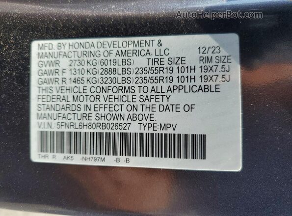 5FNRL6H80RB026527 2024 HONDA ODYSSEY Gray VIN sticker view