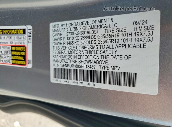5FNRL6H80SB013489 2025 HONDA ODYSSEY Silver VIN կոդի պիտակի տեսք