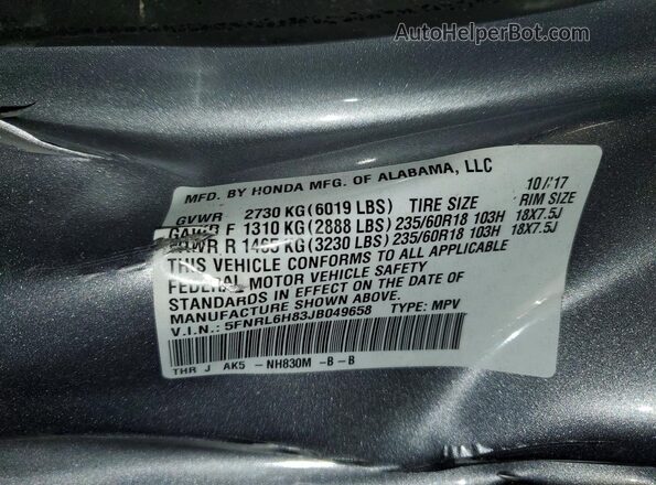 5FNRL6H83JB049658 2018 HONDA ODYSSEY Silver VIN კოდის სტიკერის ხედი