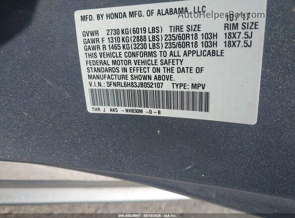 5FNRL6H83JB052107 2018 HONDA ODYSSEY Gray ძრავის განყოფილების ხედი