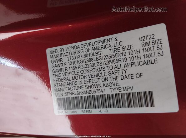 5FNRL6H84NB057547 2022 HONDA ODYSSEY Red Widok komory silnika