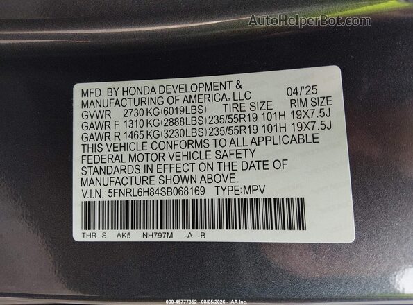 5FNRL6H84SB068169 2025 HONDA ODYSSEY Gray Widok komory silnika