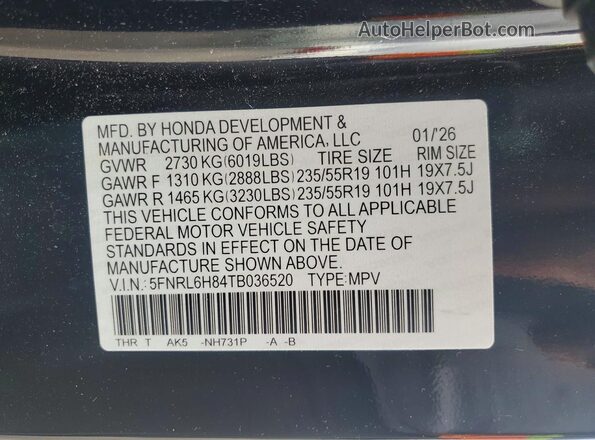 5FNRL6H84TB036520 2026 HONDA ODYSSEY Black VIN sticker view