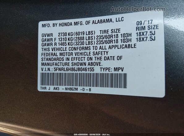 5FNRL6H86JB046155 2018 HONDA ODYSSEY Серый Вид подкапотного пространства