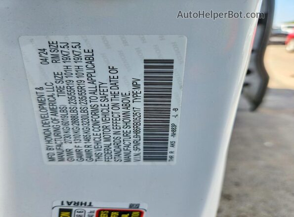 5FNRL6H86RB052517 2024 HONDA ODYSSEY White VIN კოდის სტიკერის ხედი