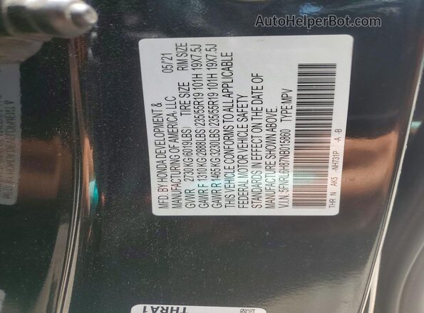 5FNRL6H87NB015860 2022 HONDA ODYSSEY Black VIN კოდის სტიკერის ხედი