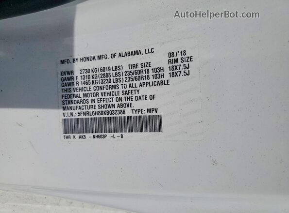 5FNRL6H88KB032386 2019 HONDA ODYSSEY White Vista del compartimento del motor