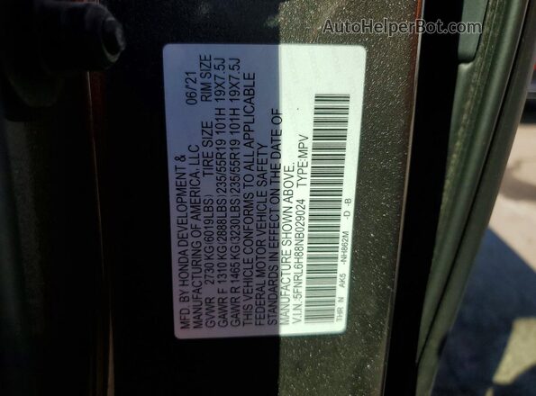 5FNRL6H88NB029024 2022 HONDA ODYSSEY Gray VIN კოდის სტიკერის ხედი