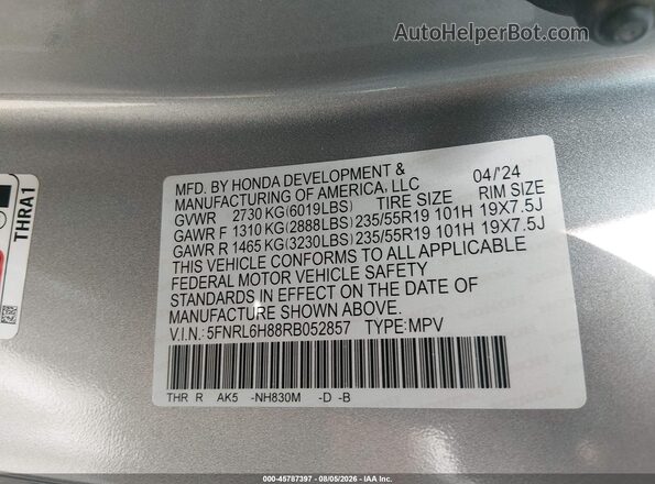 5FNRL6H88RB052857 2024 HONDA ODYSSEY Gray Engine compartment view