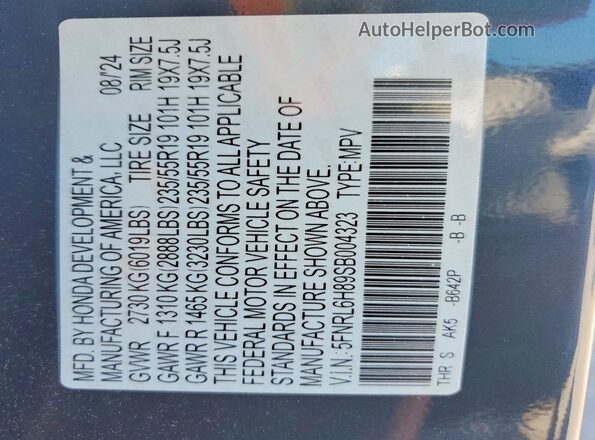5FNRL6H89SB004323 2025 HONDA ODYSSEY Синий Вид наклейки с VIN-кодом