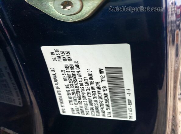 5FNRL6H8XKB118394 2019 HONDA ODYSSEY Синий Вид наклейки с VIN-кодом