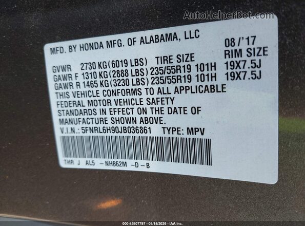 5FNRL6H90JB036861 2018 HONDA ODYSSEY Pewter Вид подкапотного пространства