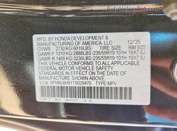 5FNRL6H91TB029470 2026 HONDA ODYSSEY Black Widok naklejki z numerem VIN