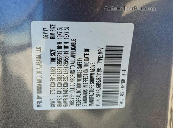5FNRL6H92JB011394 2018 HONDA ODYSSEY Gray VIN კოდის სტიკერის ხედი