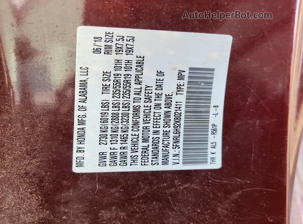 5FNRL6H92KB021411 2019 HONDA ODYSSEY Бордовый Вид наклейки с VIN-кодом